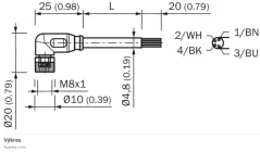 2095962 YG8U14-020VA3XLEAX Kábel s konektorom M8/4pin/2m, uhlový