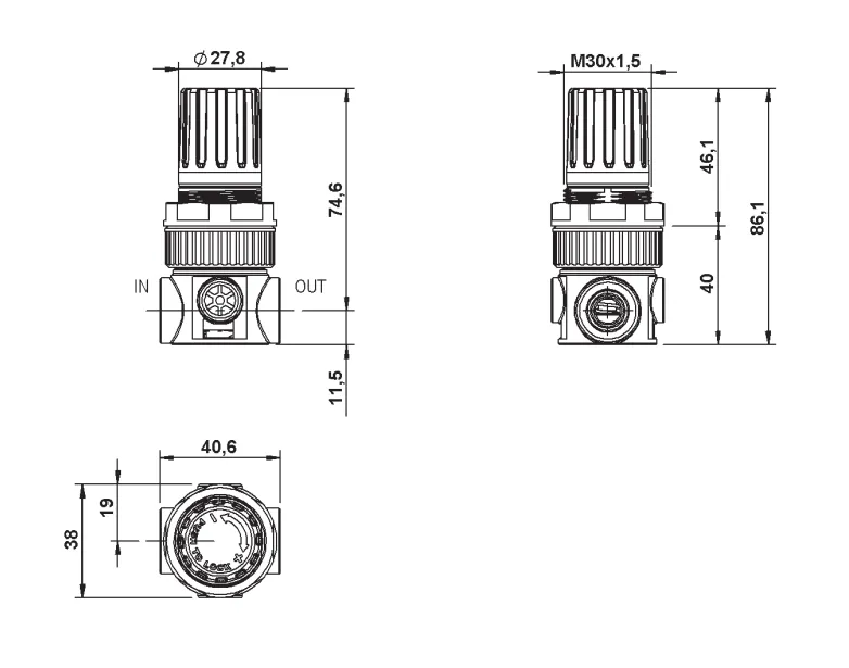 039.00.00247 MR 1/4 039 04A 4V POM FG.Pripojenie G1/4. Rozsah nastavenia 0-4 Bar