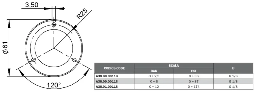 A38.00.00116 Manometer s prírubou, 0 ÷ 6 Bar.G1/8